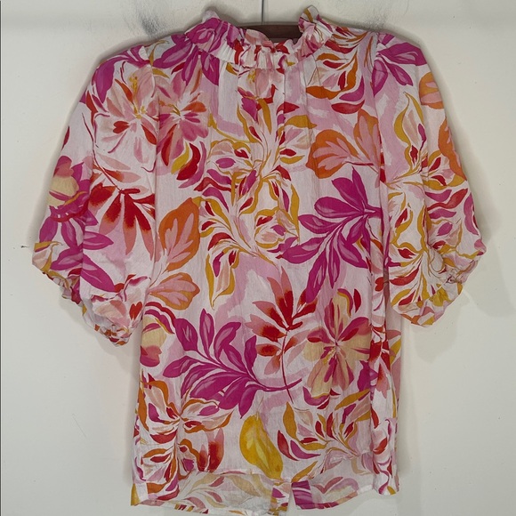 THML Floral Puff Sleeve Blouse Medium Pink Orange Tropical Ruffle Neck - Picture 16 of 16